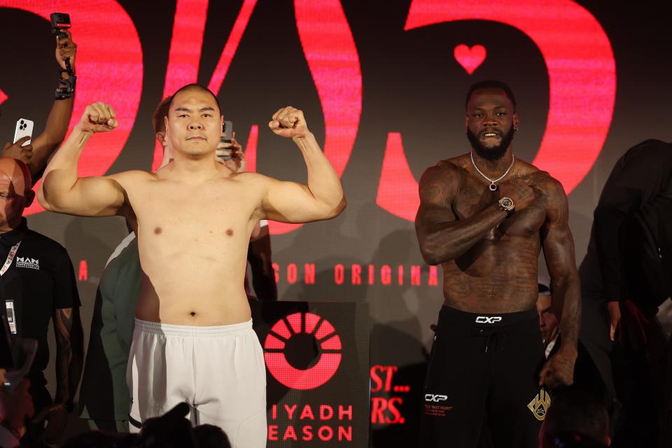 RIYADH, SAUDI ARABIA - MAY 31: Zhilei Zhang of Team Queensberry and Deontay Wilder of Team Matchroom pose for a photo during the 5v5: Queensberry v Matchroom Weigh-Ins event ahead of their Heavyweight fight at Boulevard World on May 31, 2024 in Riyadh, Saudi Arabia. (Photo by Richard Pelham/Getty Images)
