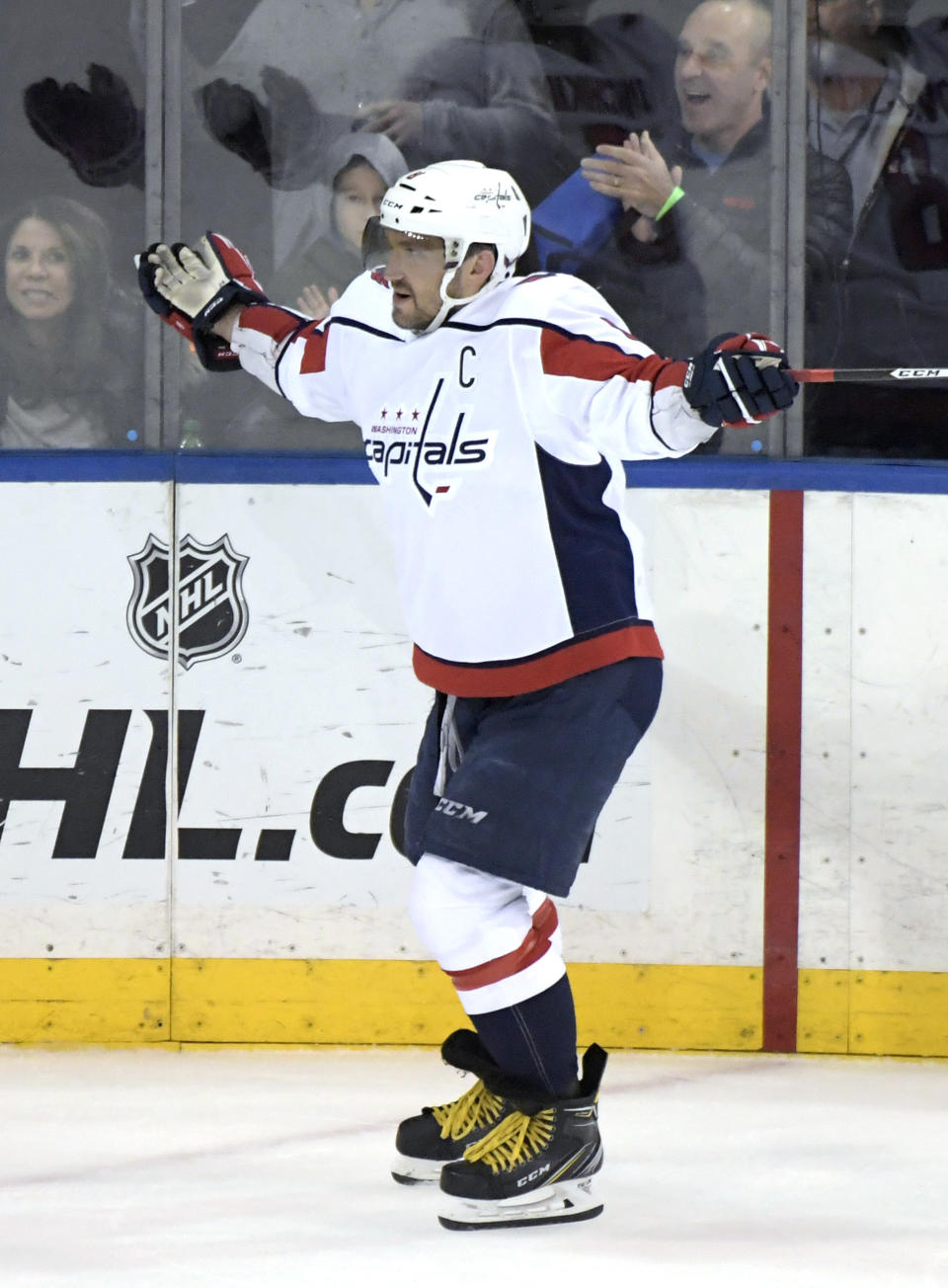 Washington Capitals' Alex Ovechkin looks to the referee for a call after New York Rangers goaltender Alexandar Georgiev threw his stick as Ovechkin skated in during a shootout in an NHL hockey game Sunday, March 3, 2019, at Madison Square Garden in New York. The referees awarded Ovechkin the goal. (AP Photo/ Bill Kostroun)