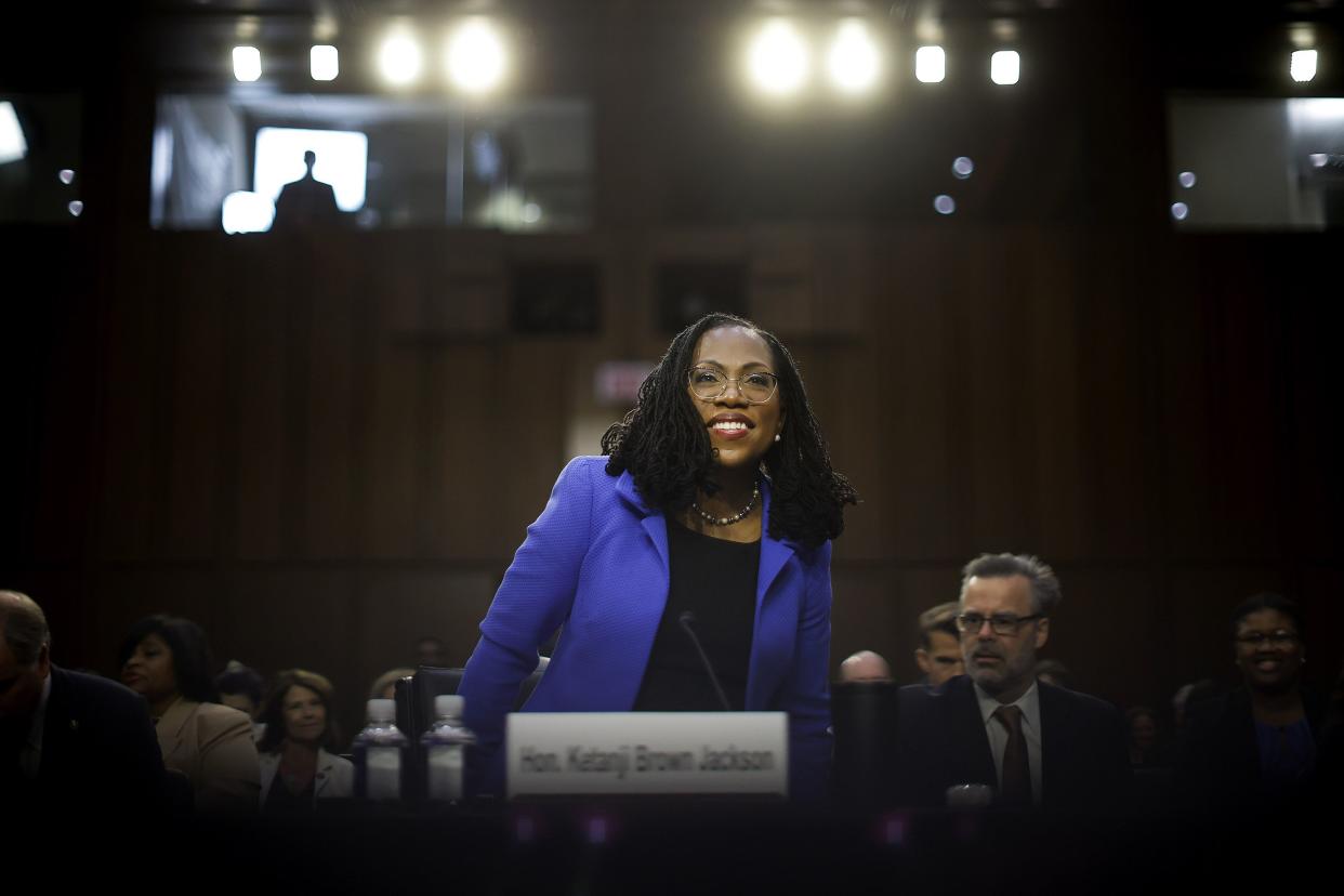 U.S. Supreme Court nominee Judge Ketanji Brown Jackson arrives for the third day of her confirmation hearing before the Senate Judiciary Committee in the Hart Senate Office Building on Capitol Hill on March 23, 2022, in Washington, DC. Judge Ketanji Brown Jackson, President Joe Biden's pick to replace retiring Justice Stephen Breyer on the U.S. Supreme Court, would become the first Black woman to serve on the Supreme Court if confirmed.