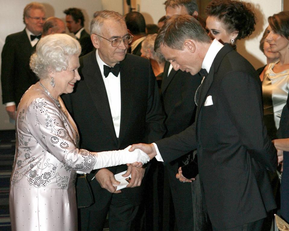 Queen Elizabeth at the world premiere of James Bond movie “Casino Royale” at the Odeon cinema in Leicester Square in London, 2006 (AFP via Getty Images)