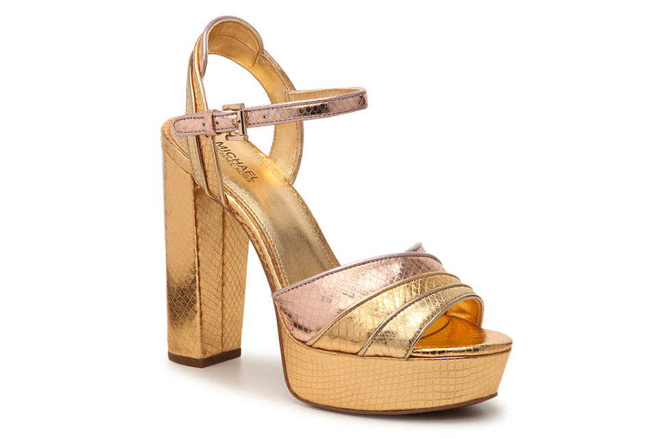 michael michael kors, metallic, sandals, gold, platform, heel