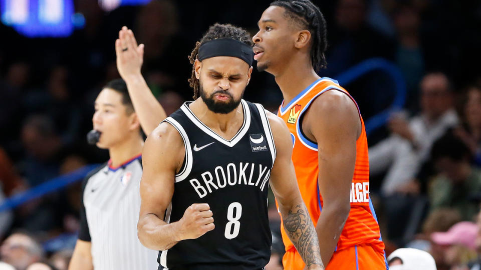 Seen here, Patty Mills gives a fist pump during Brooklyn's win over Oklahoma.