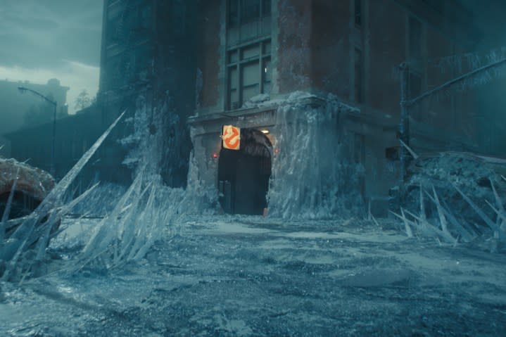 The Ghostbusters firehouse covered in ice in Ghostbusters: Frozen Empire.