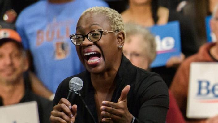 In this February photo, Sen. Nina Turner addresses a rally crowd in Durham, North Carolina before the event’s focus, Democratic presidential candidate Sen. Bernie Sanders, takes the stage. (Photo by Melissa Sue Gerrits/Getty Images)