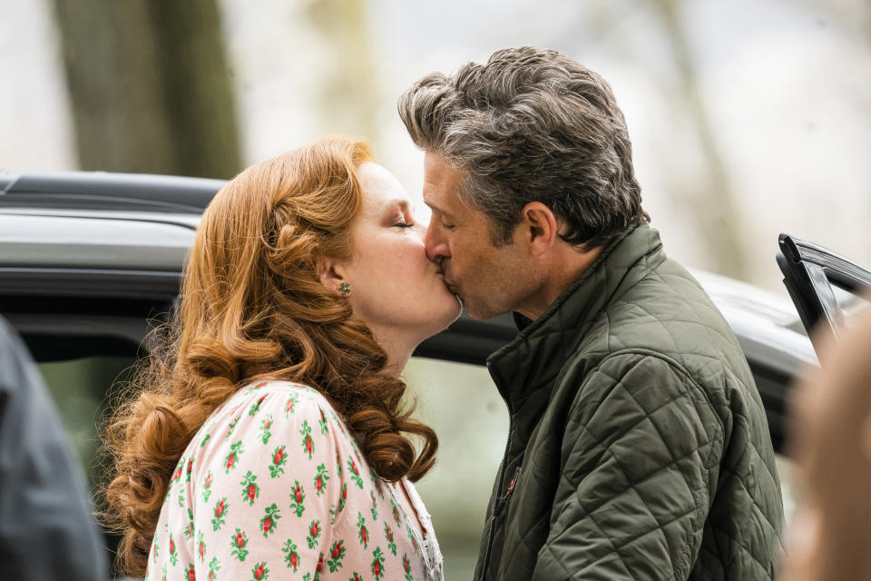 Amy Adams (L) and Patrick Dempsey are seen filming 