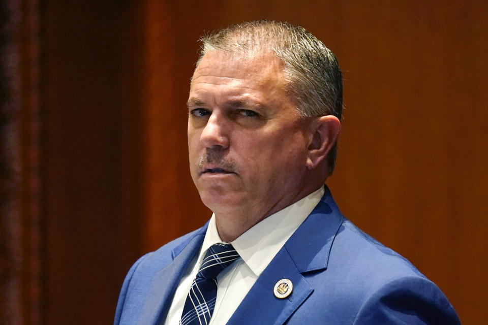 FILE - House Speaker Clay Schexnayder waits to hear results of votes in the Senate Chambers during a veto session in Baton Rouge, La., on July 20, 2021. Louisiana’s legislative leaders are asking for at least 10 more days to comply with a federal judge’s order to redraw congressional districts by June 20, 2022 so two have Black majorities. (AP Photo/Gerald Herbert, File)