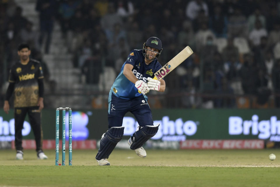 Multan Sultans' Dawid Malan plays a shot during the Pakistan Super League T20 cricket match between Multan Sultans and Peshawar Zalmi, in Multan, Pakistan Friday, Feb. 23, 2024. (AP Photo/M. Khan)