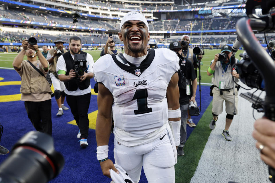 Philadelphia Eagles quarterback Jalen Hurts celebrates after the Eagles defeated the Los Angeles Rams 23-14 in an NFL football game Sunday, Oct. 8, 2023, in Inglewood, Calif. (AP Photo/Kevork Djansezian)