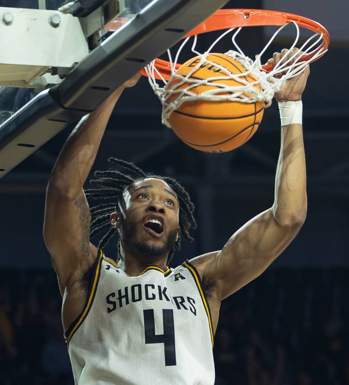 Wichita State’s Colby Rogers throws down a dunk in the first half Wednesday night against UTSA. Travis Heying/The Wichita Eagle