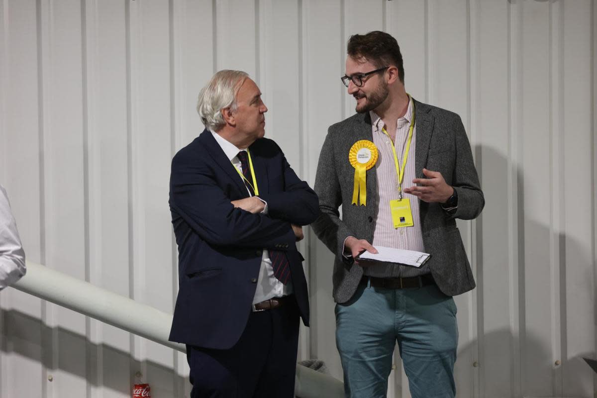Sir Robert Syms with Poole Liberal Democrat candidate Oliver Walters. <i>(Image: Richard Crease)</i>