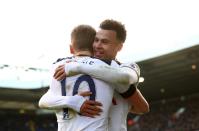 <p>Dele Alli celebrates the third goal with Harry Kane</p>