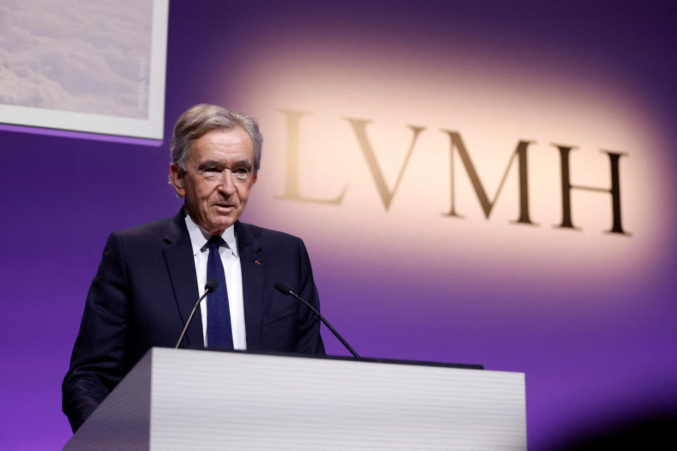 Bernard Arnault, Chairman and CEO of LVMH Moet Hennessy Louis Vuitton, speaks during a news conference to present the 2022 annual results of LVMH in Paris, France, January 26, 2023. REUTERS/Gonzalo Fuentes