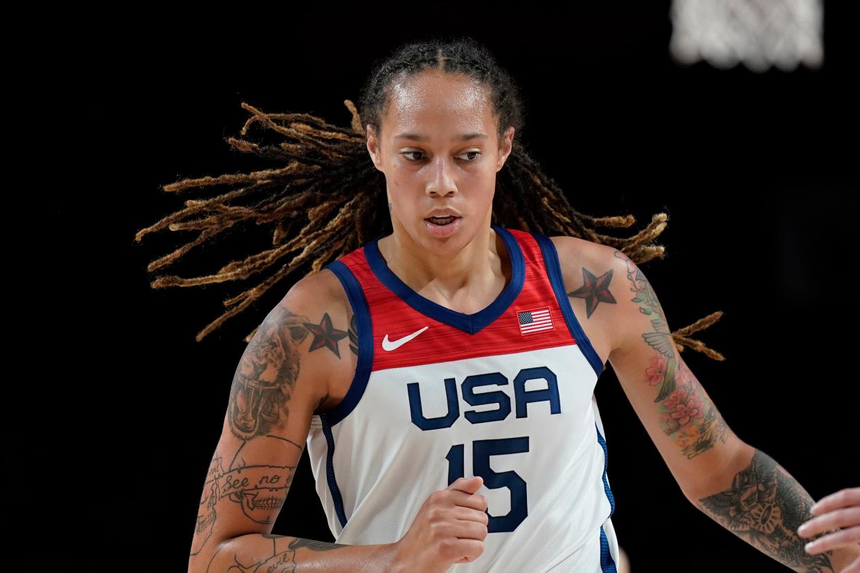 United States' Brittney Griner (15) plays during a women's basketball preliminary round game against Japan at the 2020 Summer Olympics, Friday, July 30, 2021, in Saitama, Japan.