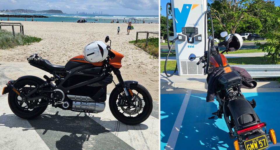 Left: Black and orange Harley Davidson LiveWire parked alongside a beach on the Gold Coast. Right: Harley Davidson LiveWire charging at parking pay in Robina. 