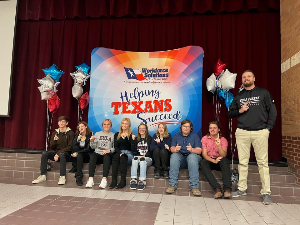 Eula High School students Dillon Moore, Morgan Alderson, Avery Meers, Ashton Cooley, Hannah Smithwick, Cheyanne Ross, Asher Bolin and Masen Stephenson - with sponsoring teacher Madison Galle - won the grand prize in the Workforce Solutions of West Central Texas Careers in Action student video contest.