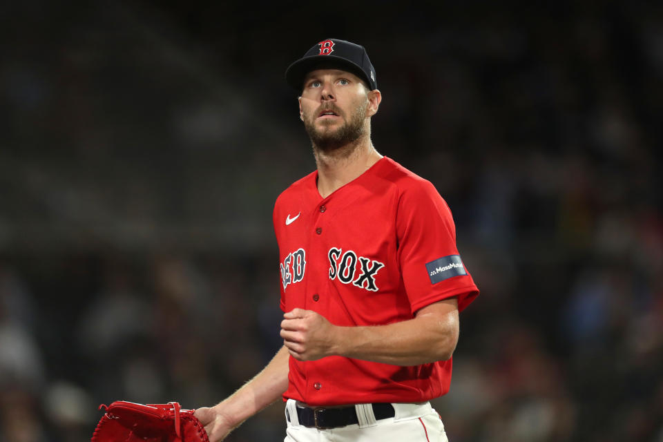 BOSTON, MASSACHUSETTS - SEPTEMBER 22: Chris Sale #41 of the Boston Red Sox reacts during the fourth inning against the Chicago White Sox at Fenway Park on September 22, 2023 in Boston, Massachusetts. (Photo by Paul Rutherford/Getty Images)