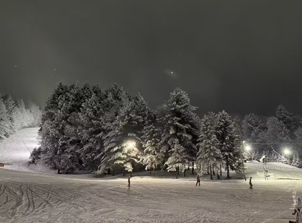 As pictured: machines at Woods Valley Ski Area generate snow for the next day.