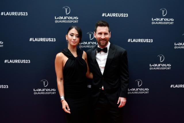 L'Argentin Lionel Messi et son épouse Antonela Roccuzzo avant la cérémonie des prix Laureus du sport le 8 mai 2023 à Paris