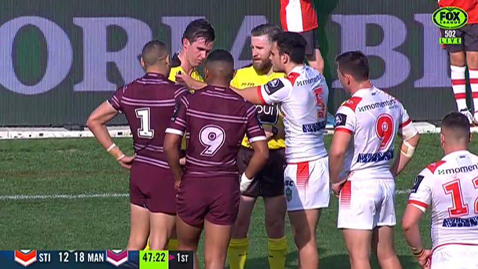 The referees could not spot a mark. Pic: Fox Sports