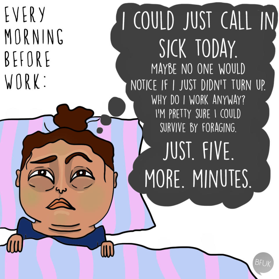 Cartoon outlining someone's morning before work