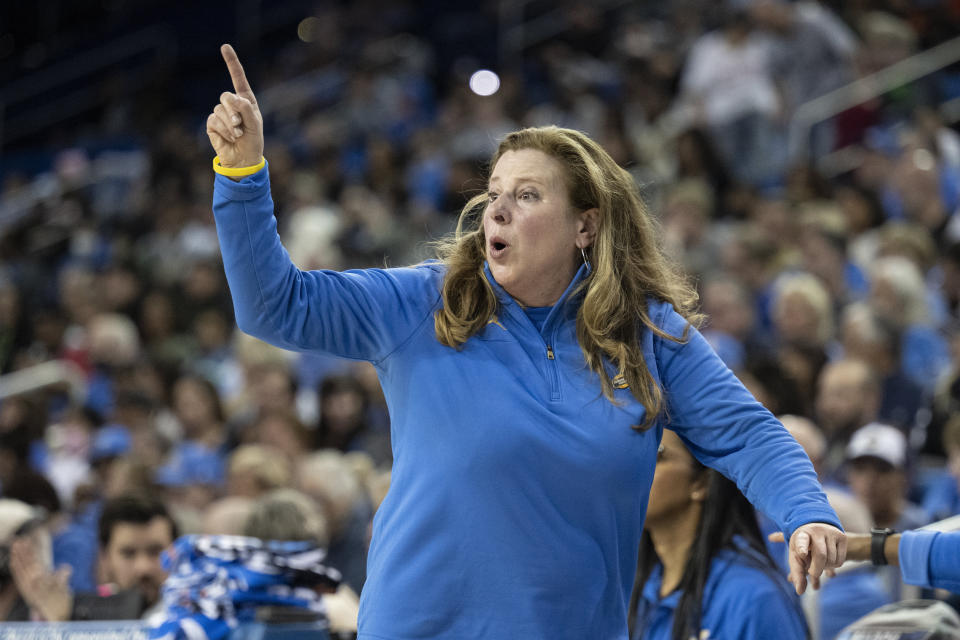 UCLA head coach Cori Close instructs her players in the first half of a first-round college basketball game against Sacramento State in the NCAA Tournament, Saturday, March 18, 2023, in Los Angeles. (AP Photo/Kyusung Gong)