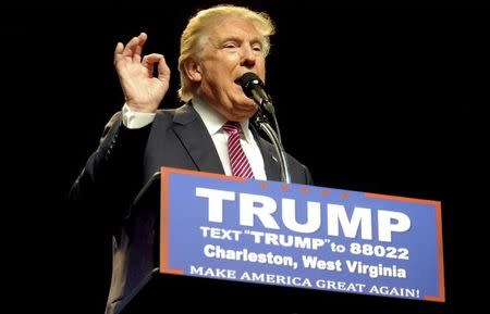 Republican U.S. presidential candidate Donald Trump speaks to supporters in Charleston, West Virginia, U.S. May 5, 2016. REUTERS/Chris Tilley