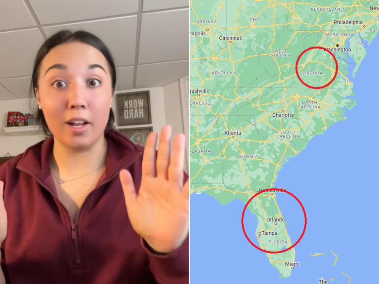 A composite image of a woman looking surprised and holding her hands up, and a map with Florida and Virginia circled.