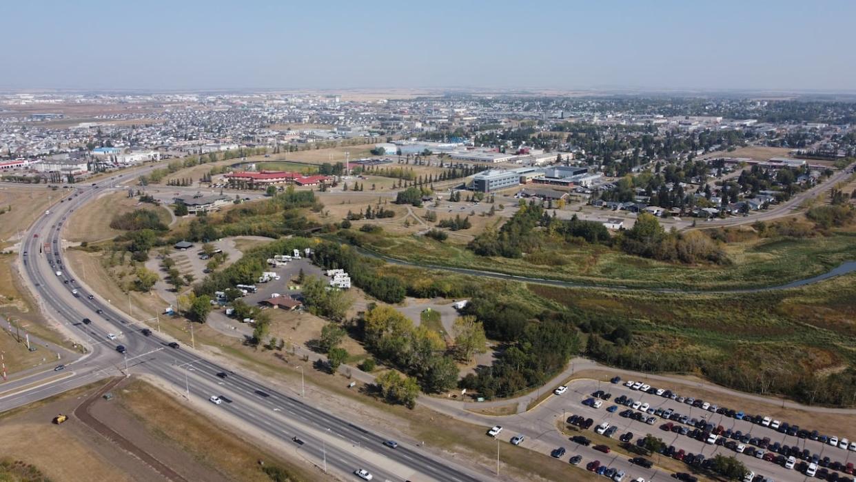 Aerial shots of the city and industrial yard in Grande Prairie, Alta. (David Bajer/CBC - image credit)