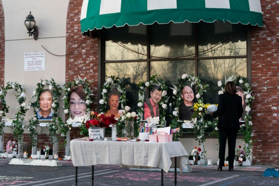 Vice President Kamala Harris visits a memorial set up outside Star Dance Studio in Monterey Park, Calif., Wednesday, Jan. 25, 2023 (Copyright 2023 The Associated Press. All rights reserved)