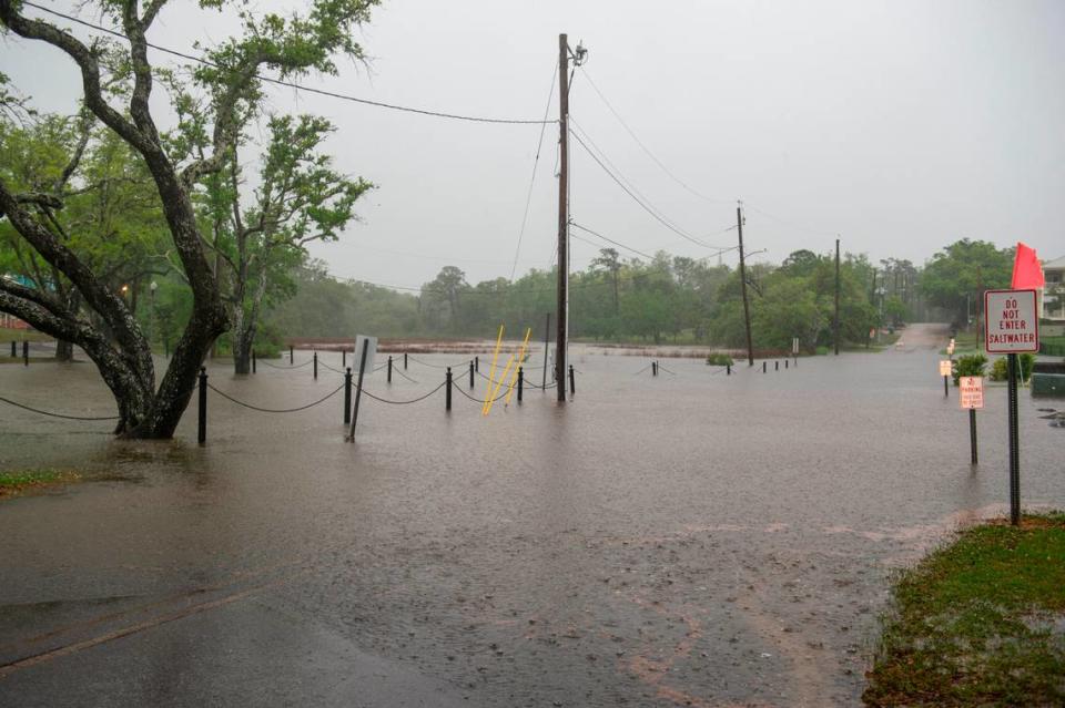 Flooding on Washington Avenue in Ocean Springs as severe weather rolled through the area on Wednesday, April 10, 2024.