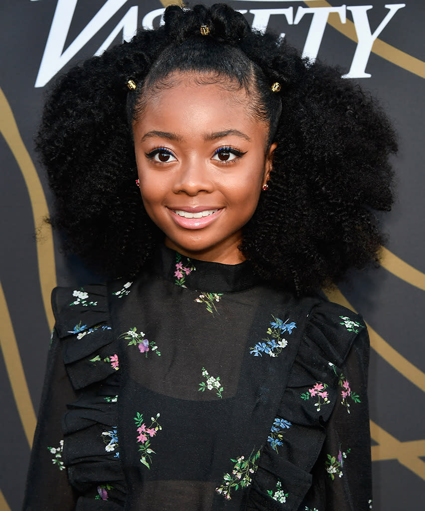 <p>The Disney star gave us serious hair envy with her bejweled half-up, half-down curly hairdo. With her thick mane swept off of her face, we get to see Jackson’s gorgeous winged eyeliner and natural-looking makeup. (Photo: Frazer Harrison/Getty Images) </p>