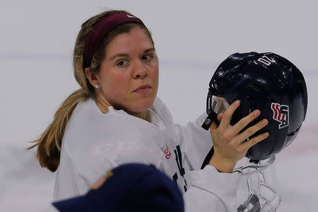 U.S. Women's National hockey team player Hannah Brandt practices in Boston, Massachusetts, U.S., October 23, 2017. Hannah Brant's adopted sister Marissa will compete at the Winter Olympics in South Korea for the South Korean women's ice hockey team. REUTERS/Brian Snyder