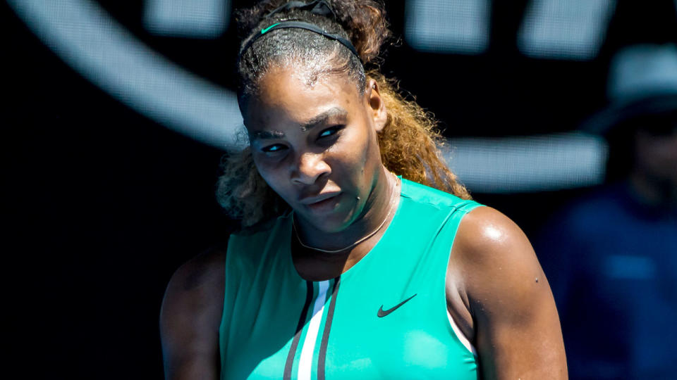 Serena Williams didn’t win another point on her serve after the foot fault and ankle injury. Pic: Getty