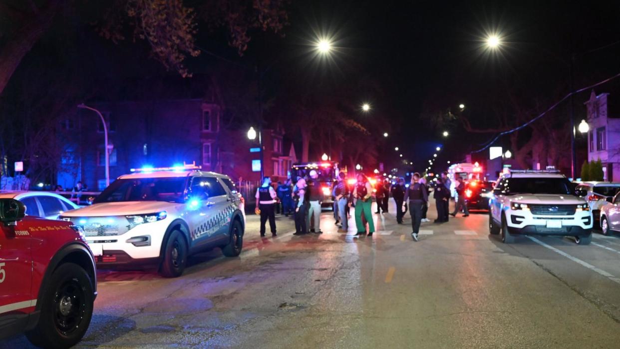 PHOTO: Chicago Police are rushing to the scene of a mass shooting on Saturday evening in the area of West 52nd Street in Chicago, IL, April 13, 2024.  (Kyle Mazza/NurPhoto/Shutterstock)