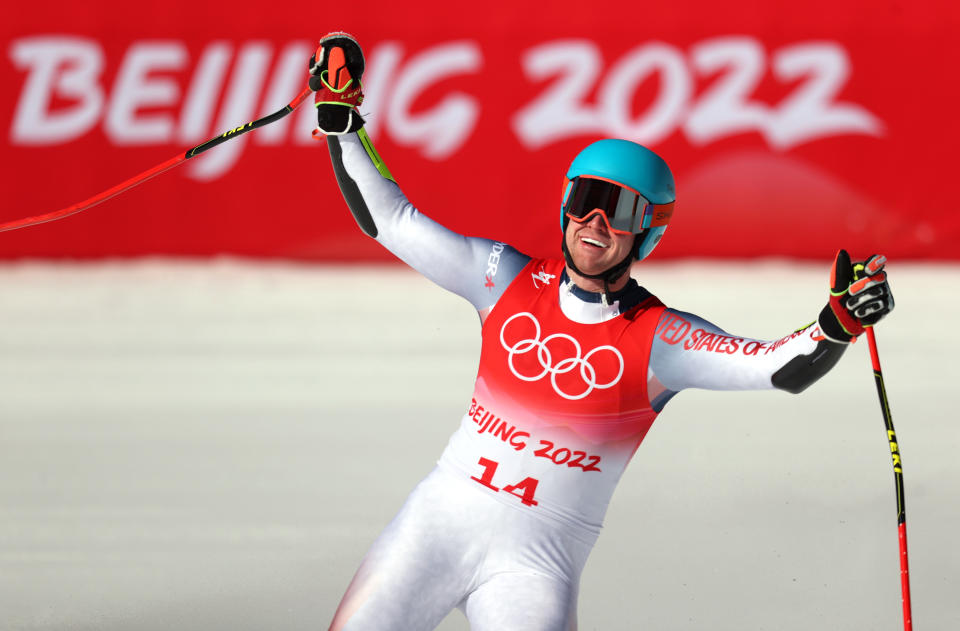 USA skier Ryan Cochran-Siegle reacts following his run during the men's super-G at the Beijing 2022 Winter Olympic Games at National Alpine Ski Centre on February 08, 2022 in Yanqing, China. (Alex Pantling/Getty Images)