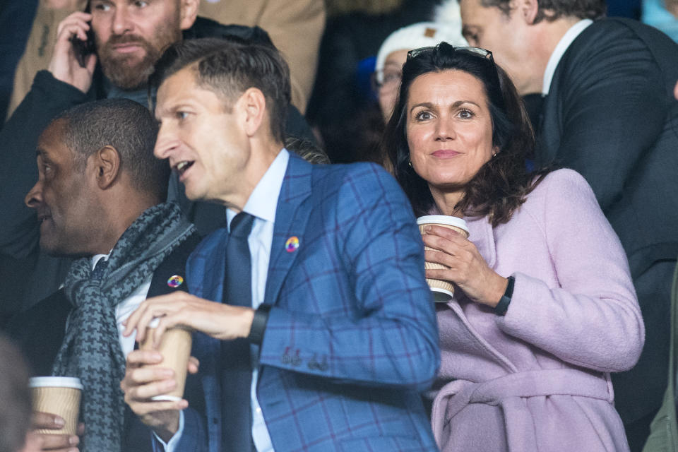 LONDON, ENGLAND - DECEMBER 01: Crystal Palace Chairman Steve Parish (c) with girlfriend Susanna Reid (r) at Selhurst Park during the Premier League match between Crystal Palace and Burnley FC at Selhurst Park on December 1, 2018 in London, United Kingdom. (Photo by Sebastian Frej/MB Media)