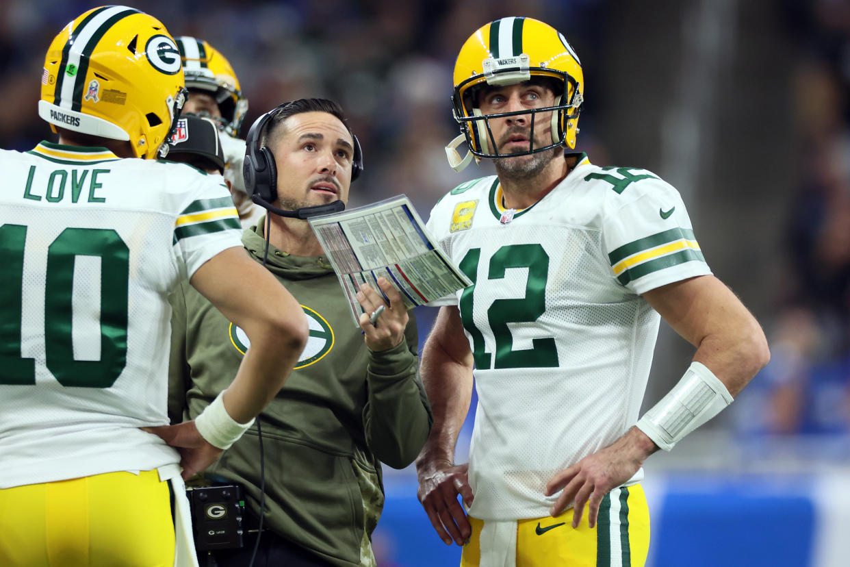 Green Bay Packers quarterback Aaron Rodgers (12) views a replay on the big screen with Green Bay Packers head coach Matt LaFleur  during an NFL football game between the Detroit Lions and the Green Bay Packers in Detroit, Michigan USA, on Sunday, November 6, 2022. (Photo by Amy Lemus/NurPhoto via Getty Images)