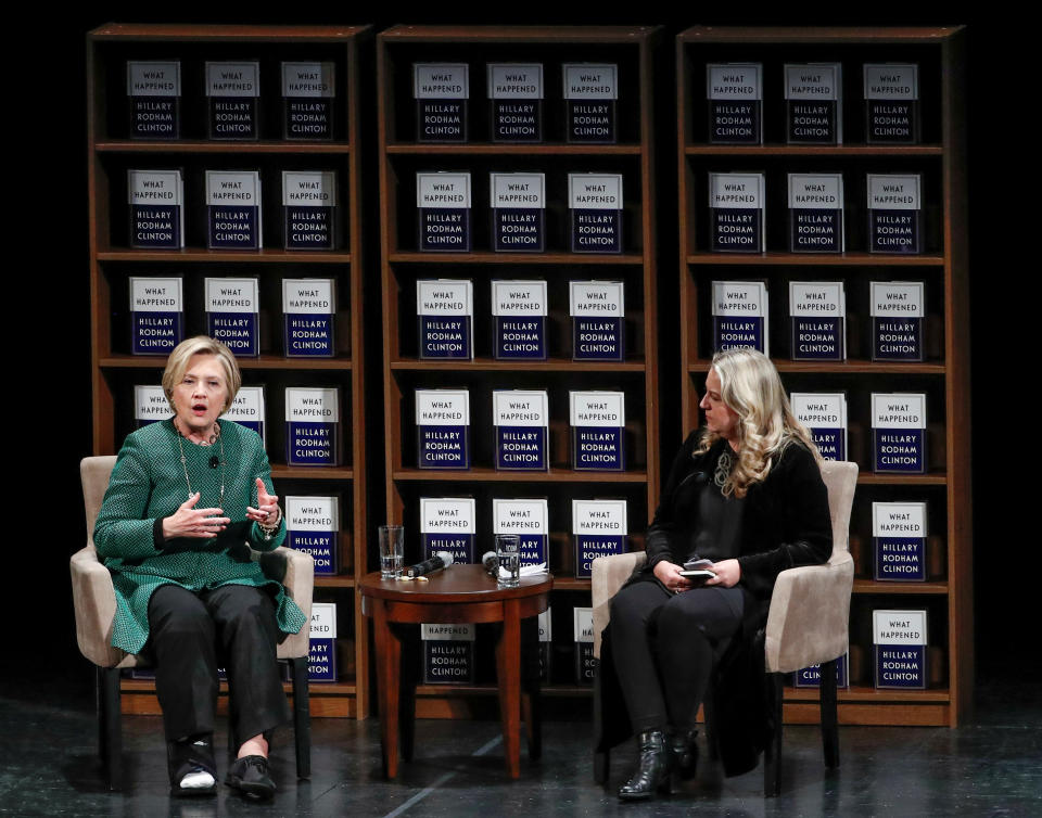 Clinton spoke with author Cheryl Strayed in Chicago on Monday as part of her "What Happened" book tour. (Photo: Kamil Krzaczynski / Reuters)