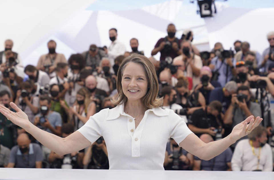 Jodie Foster, who will receive an honorary Palme d'Or during the opening ceremony, poses for photographers at the 74th international film festival, Cannes, southern France, Tuesday, July 6, 2021. (AP Photo/Brynn Anderson)