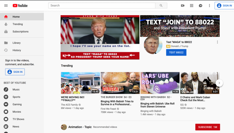 Donald Trump has bought some of the web's most prime real estate to fundraise for his 2020 re-election campaign - apparently hoping to capitalise on two nights of Democratic debate.Campaign ads currently appear across YouTube's homepage masthead, a few hours before the site livestreams tonight's Democratic debate."At 9pm tonight [the debate start time] my campaign team is bringing me an updated list of my supporters," Trump says in one ad. "I hope I'll see your name on the list." The ad then ask supporters to send a text message to a phone number to be added to the list.Another video shows images of terrorists and migrants, followed by images of Chuck Schumer and Nancy Pelosi while a voice is saying: “Drugs, terrorists, violent criminals and child traffickers trying to enter our country. But Nancy Pelosi and Chuck Schumer care more about the radical left than keeping us safe. The consequences? Drug deaths. Violent murder. Gang violence.”The progressive digital agency Acronym tweeted earlier on Wednesday: "More people will see this ad placement than will watch tonight's debate." YouTube offers ads on a cost-per-thousand basis, so it is unclear how much Trump spent to get this primetime spot. The Trump campaign did not respond to The Independent about how much it spent on this ad placement. Daniel Scarvalone, senior director of research and data at Bully Pulpit Interactive, told VICE News that his strategy firm, that works with Democrat clients, has spent between $500,000 and $1 million on such ad placements.There are other platforms on which people can watch tonight's debate, including, NBC, MSNBC and Telemundo.