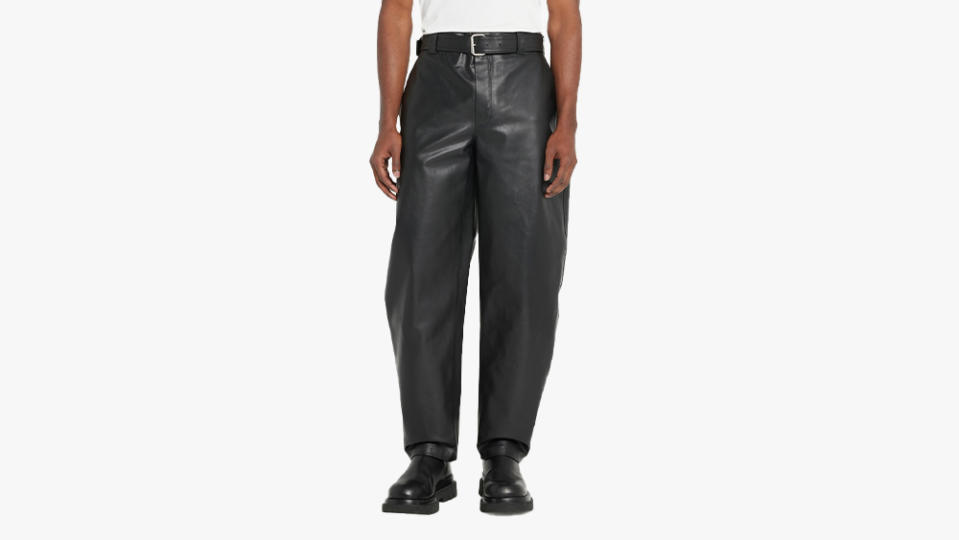 Bottega Veneta Men's Belted Leather Curved-Leg Trousers