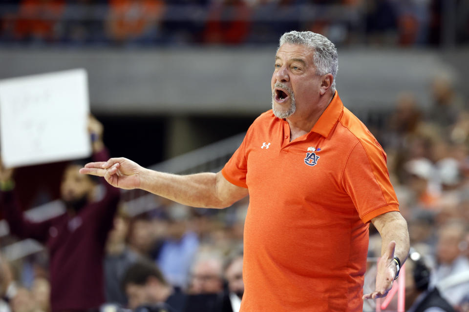 Auburn head coach Bruce Pearl reacts after a call during the first half of an NCAA college basketball game against Mississippi State, Saturday, March 2, 2024, in Auburn, Ala. (AP Photo/ Butch Dill)