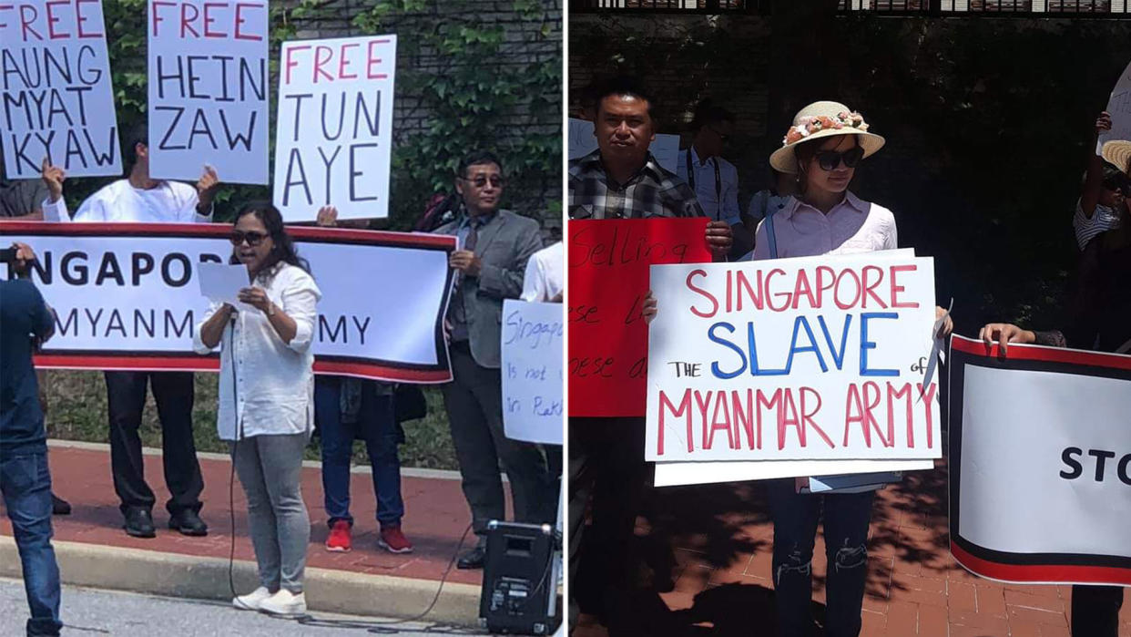 Protesters seen along the street outside the Singapore Embassy in Washington, D.C. (PHOTOS: Twitter / Voice Of Arakan)