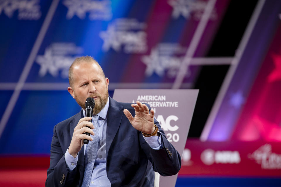 Brad Parscale, campaign manager for Trump's 2020 reelection campaign, speaks on stage with Laura Trump during the Conservative Political Action Conference 2020 (CPAC) hosted by the American Conservative Union on February 28, 2020 in National Harbor, MD. (Samuel Corum/Getty Images) 