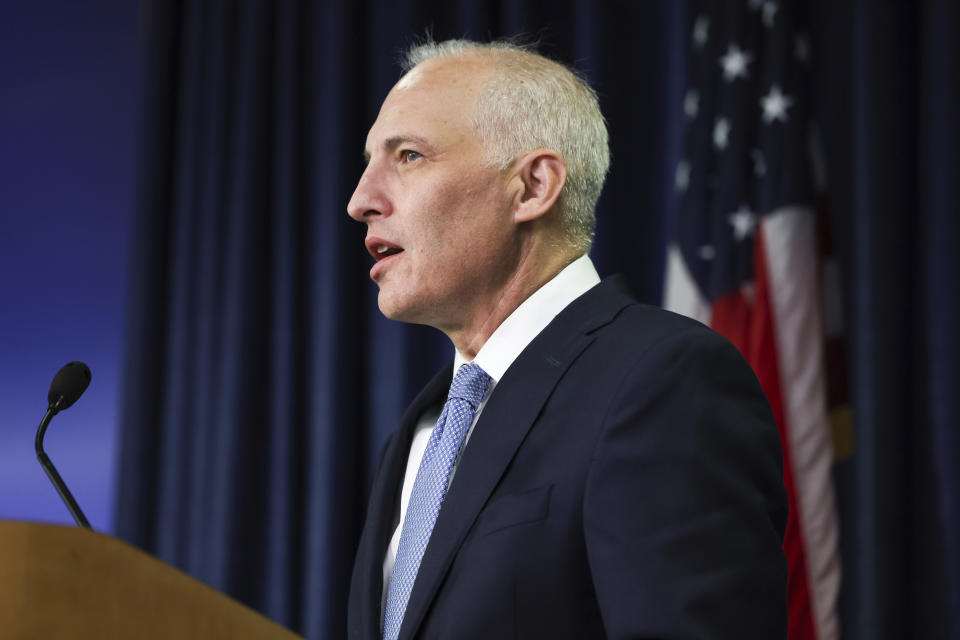 Assistant Attorney General Matthew Olsen of the Justice Department's National Security Division speaks during a press conference at the U.S. Attorney's Office for the Southern District of California on Thursday, Aug. 3, 2023, in San Diego,Two U.S. Navy sailors have been arrested and accused of providing sensitive military information to China — including details on wartime exercises, Naval operations and critical technical material, federal officials said Thursday. (Meg McLaughlin/The San Diego Union-Tribune via AP)