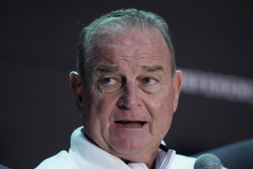 Texas head coach Vic Schaefer speaks to the media during Big 12 NCAA college basketball media day Tuesday, Oct. 18, 2022, in Kansas City, Mo. (AP Photo/Charlie Riedel)