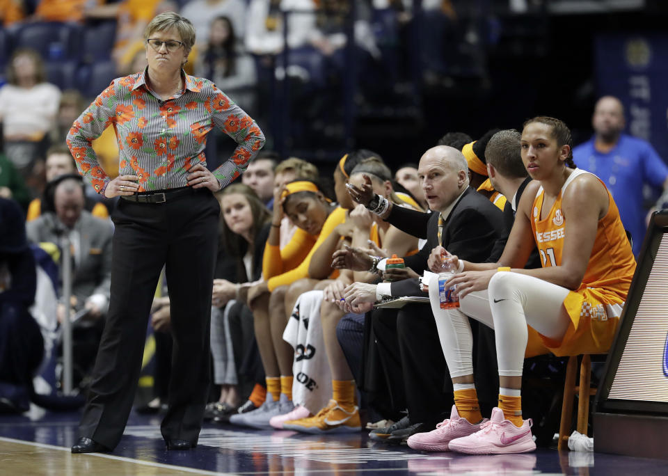 Tennessee head coach Holly Warlick watches the action in the second half of an NCAA college basketball game against South Carolina at the women's Southeastern Conference tournament Friday, March 2, 2018, in Nashville, Tenn. South Carolina won 73-62. (AP Photo/Mark Humphrey)