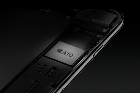 Apple's A10 Fusion chip inside of an iPhone 7 chassis.