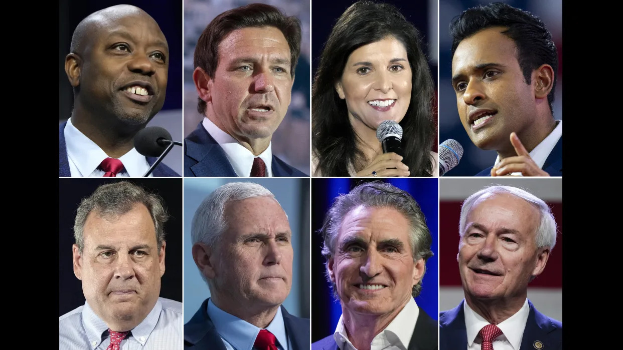 Head shots of Tim Scott, Ron DeSantis, Nikki Haley and Vivek Ramaswamy, Chris Christie, Mike Pence, Doug Burgum and Asa Hutchinson.