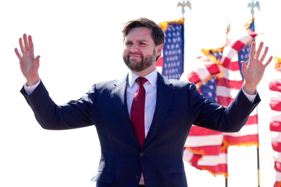 FILE – Sen. J.D. Vance, R-Ohio, attends a campaign rally March 16, 2024, in Vandalia, Ohio. Former President Donald Trump has narrowed his vice presidential shortlist to a handful of contenders that include Vance, as he prepares to announce his pick in the days before, or perhaps at, next month’s Republican National Convention. Trump told reporters Saturday, June 22, that he already has made his decision and that that person will be in attendance Thursday night in Atlanta at the first debate of the general election campaign with Democratic President Joe Biden. (AP Photo/Jeff Dean, File)